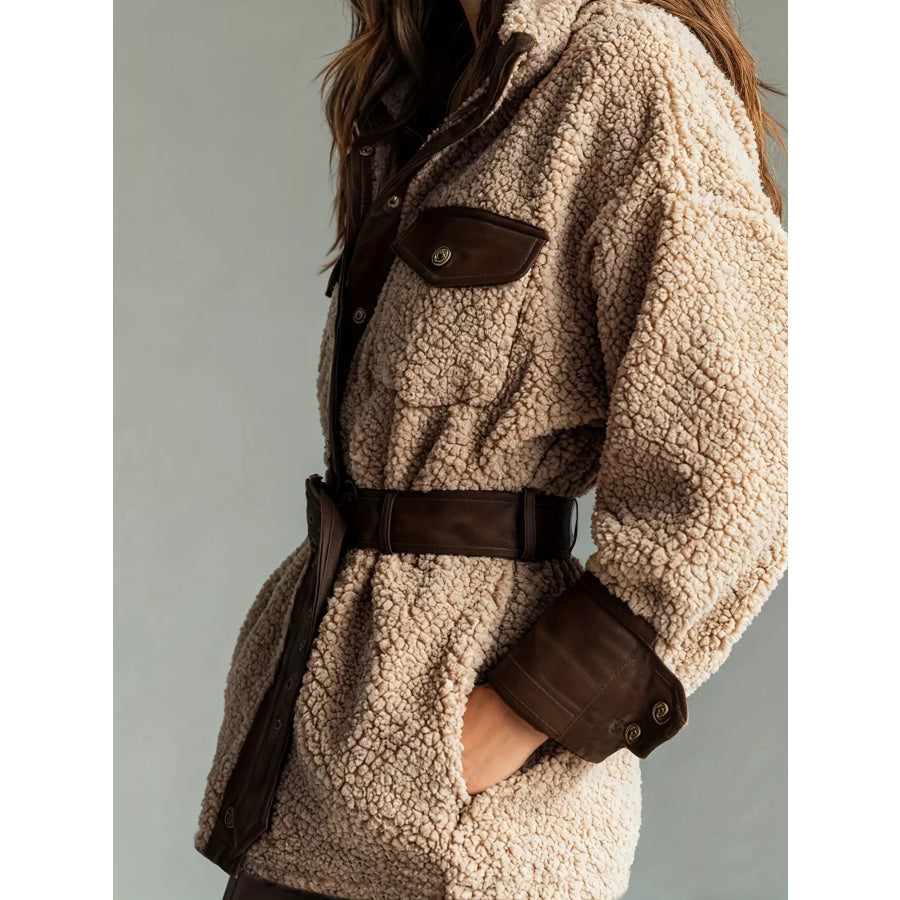 Leather Trim Sherpa Outerwear with Pockets Apparel and Accessories