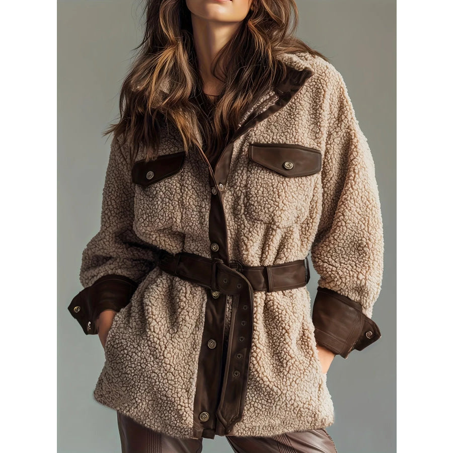 Leather Trim Sherpa Outerwear with Pockets Khaki / S Apparel and Accessories