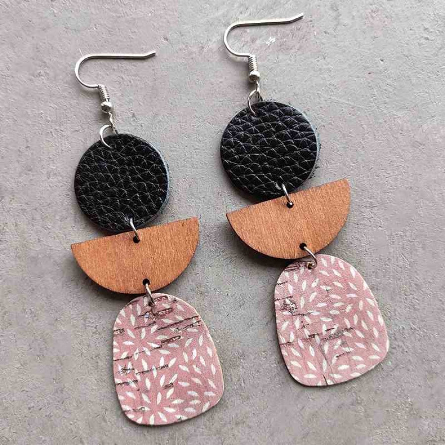 Leather &amp; Wood Drop Earrings Dusty Pink / One Size