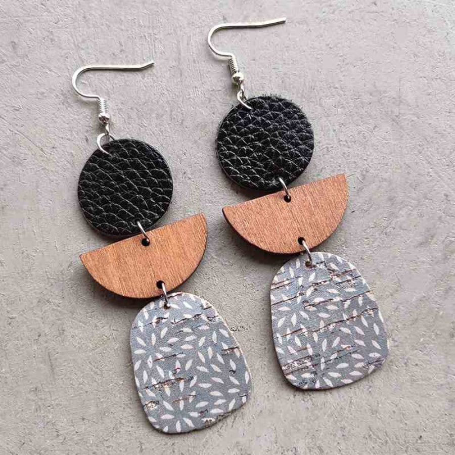 Leather &amp; Wood Drop Earrings Light Gray / One Size