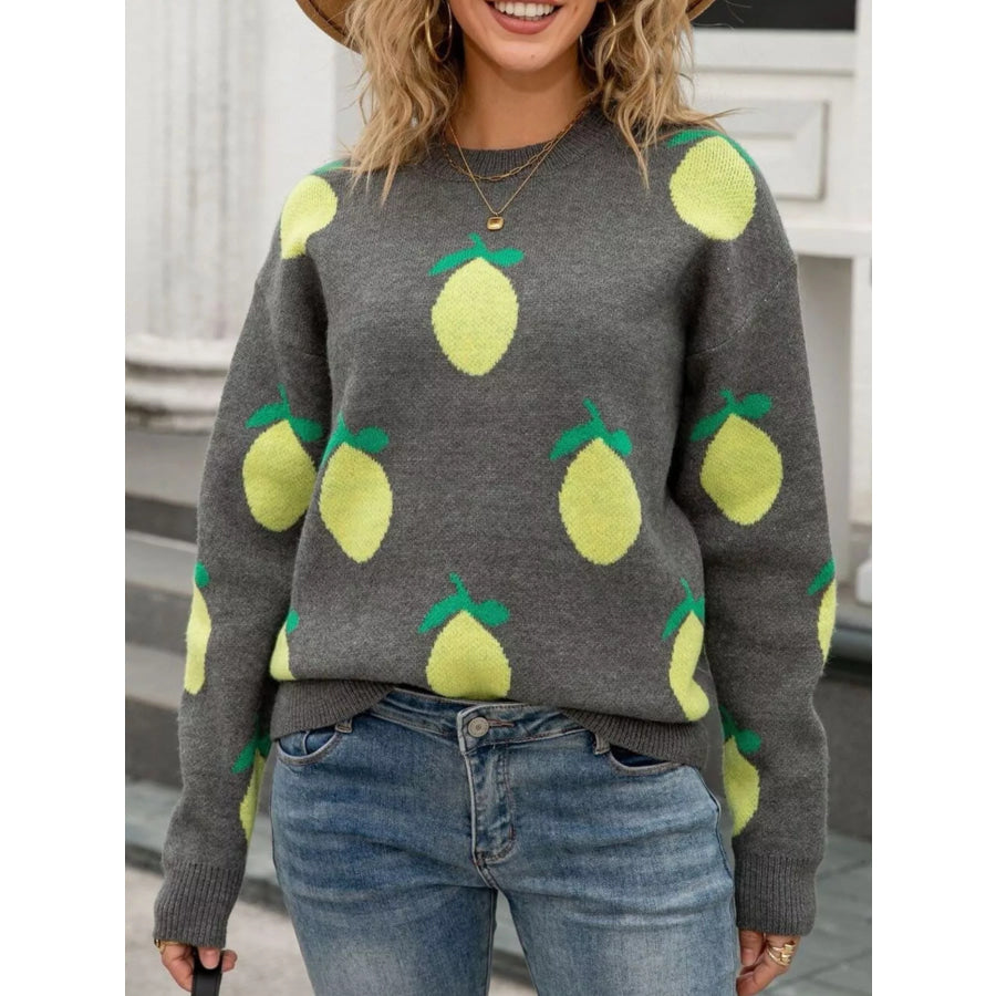 Lemon Crew Neck Round Neck Sweater Dark Gray / S Apparel and Accessories