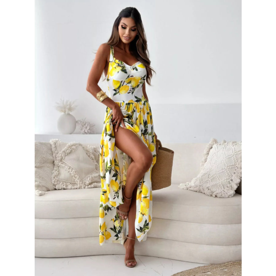 Lemon Print Spaghetti Straps Maxi Dress Apparel and Accessories