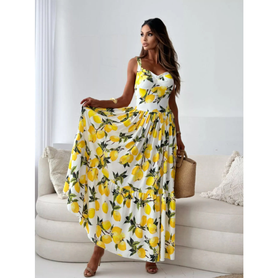 Lemon Print Spaghetti Straps Maxi Dress Apparel and Accessories
