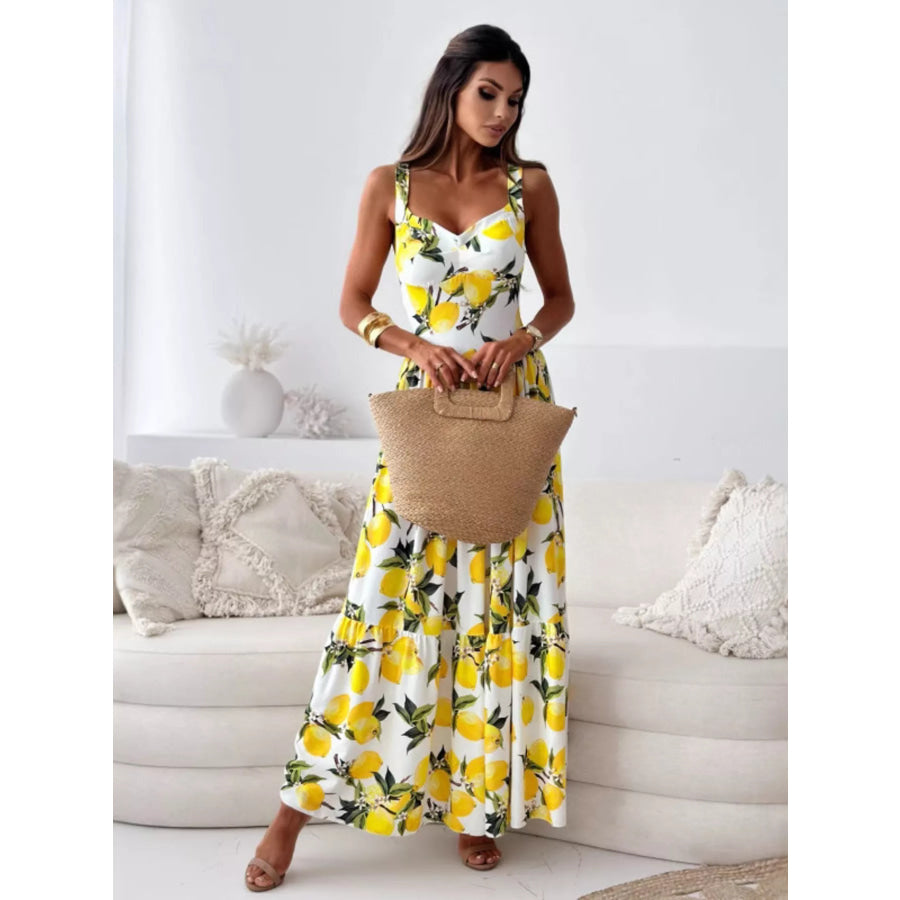 Lemon Print Spaghetti Straps Maxi Dress Yellow / S Apparel and Accessories