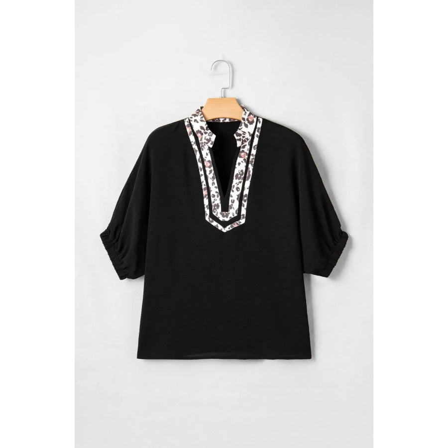 Leopard Accent Notched Neck Plus Size Short Sleeve Top Apparel and Accessories