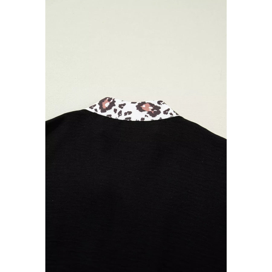 Leopard Accent Notched Neck Plus Size Short Sleeve Top Apparel and Accessories