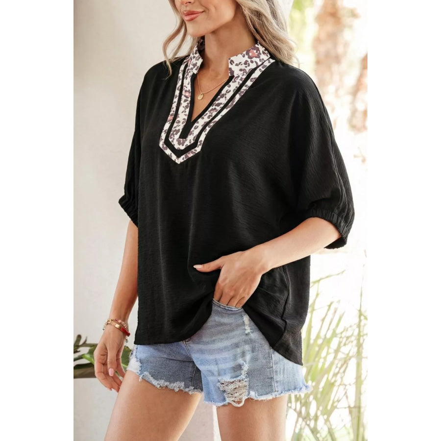Leopard Accent Notched Neck Plus Size Short Sleeve Top Apparel and Accessories