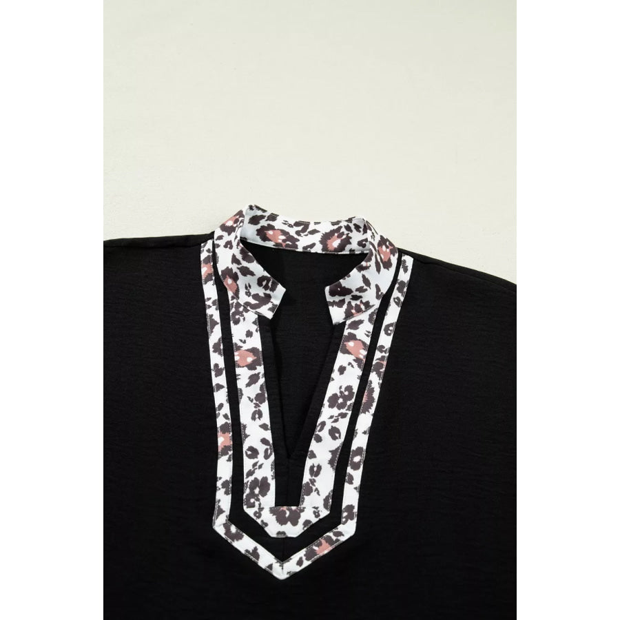 Leopard Accent Notched Neck Plus Size Short Sleeve Top Apparel and Accessories