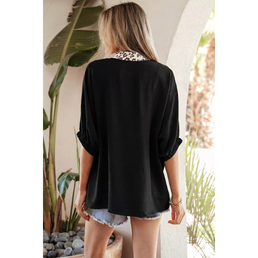 Leopard Accent Notched Neck Plus Size Short Sleeve Top Apparel and Accessories