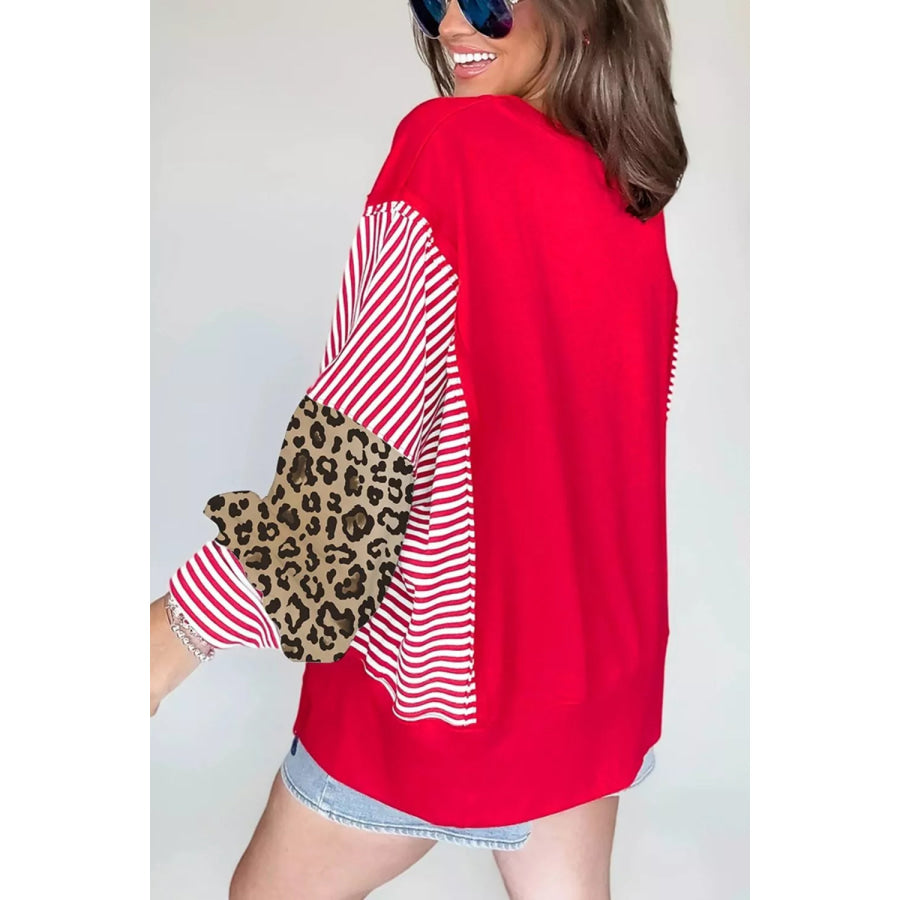 Leopard and Striped Patchwork Sleeves Sweatshirt Apparel and Accessories