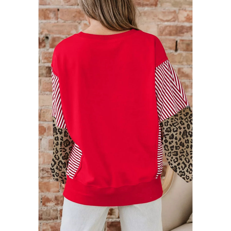 Leopard and Striped Patchwork Sleeves Sweatshirt Apparel and Accessories