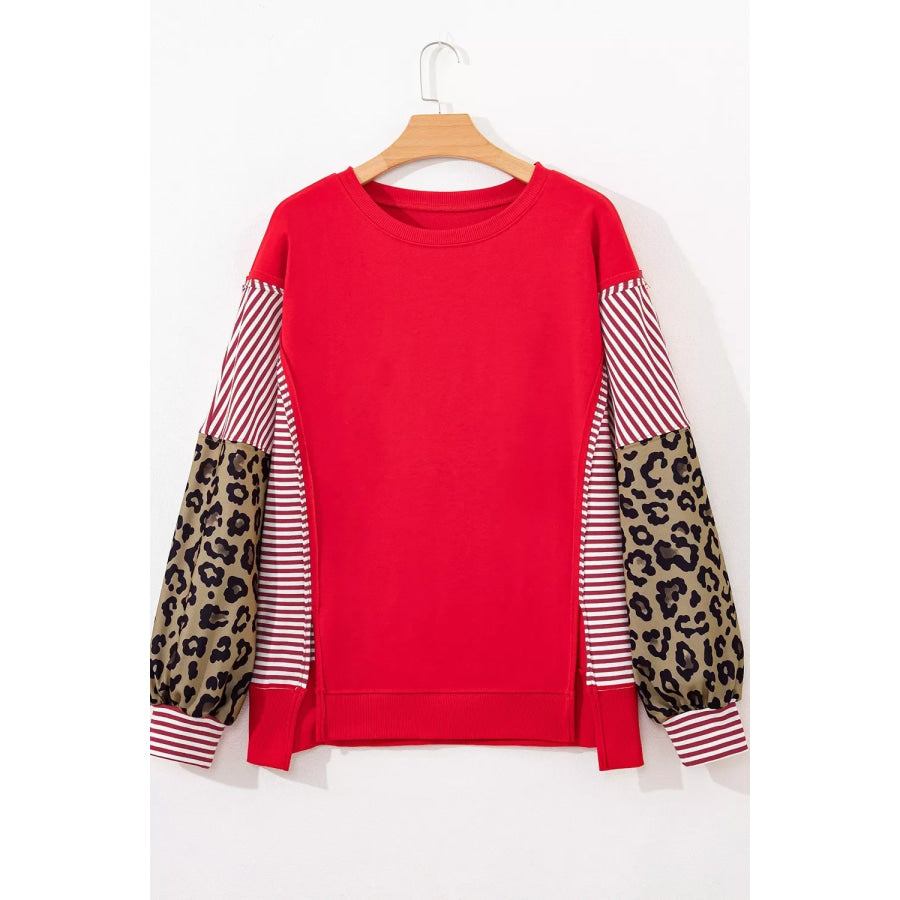 Leopard and Striped Patchwork Sleeves Sweatshirt Apparel and Accessories