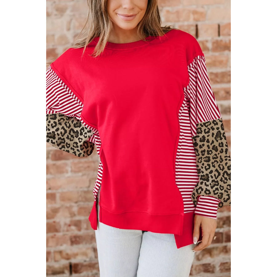 Leopard and Striped Patchwork Sleeves Sweatshirt Apparel and Accessories