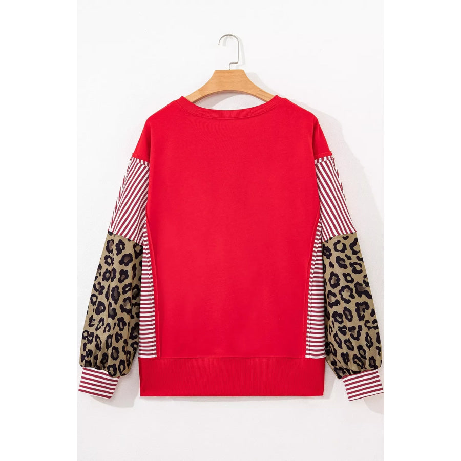 Leopard and Striped Patchwork Sleeves Sweatshirt Apparel and Accessories
