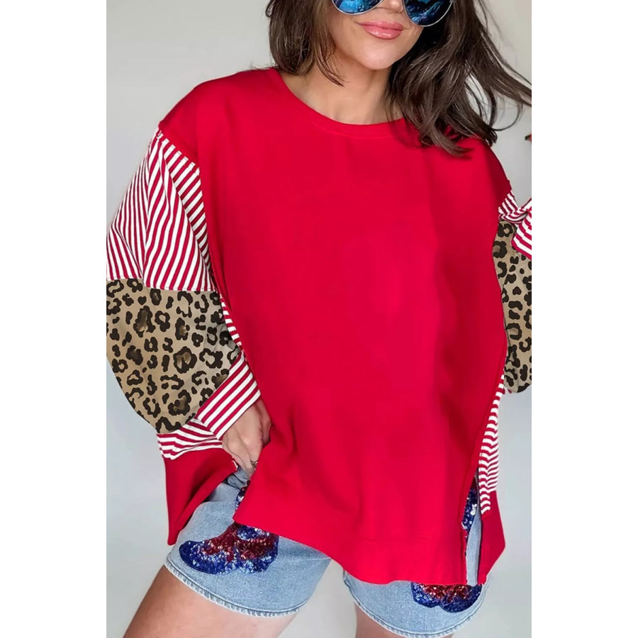 Leopard and Striped Patchwork Sleeves Sweatshirt Apparel and Accessories