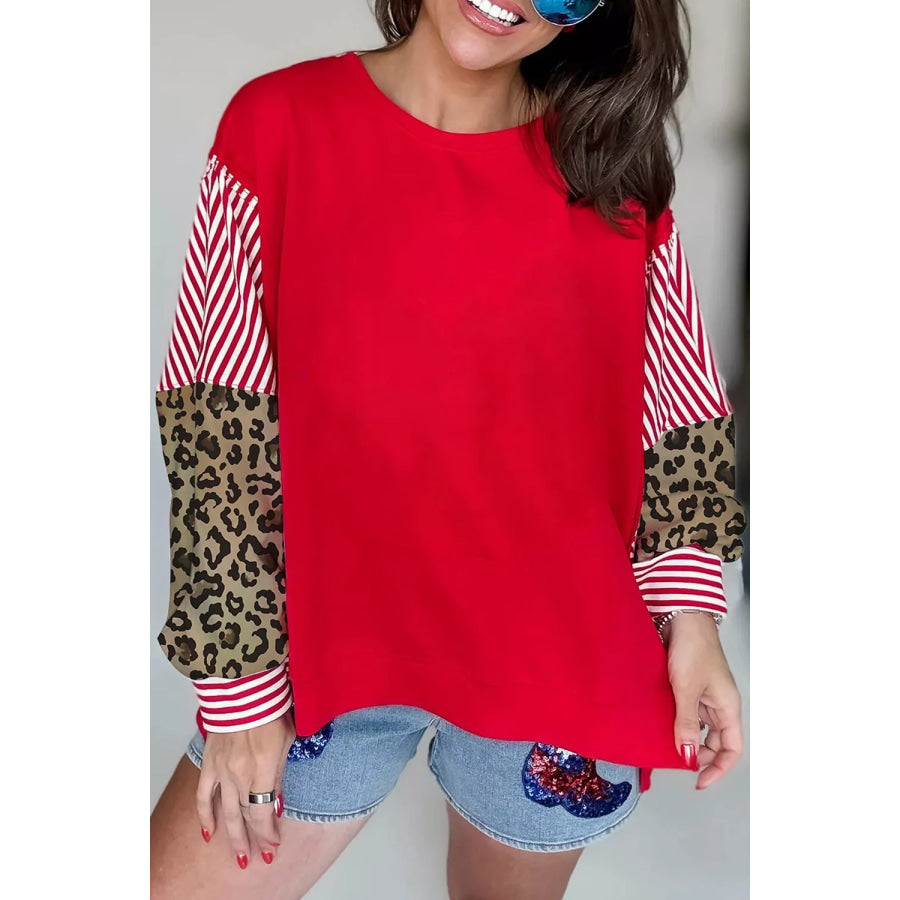 Leopard and Striped Patchwork Sleeves Sweatshirt Deep Red / S Apparel and Accessories