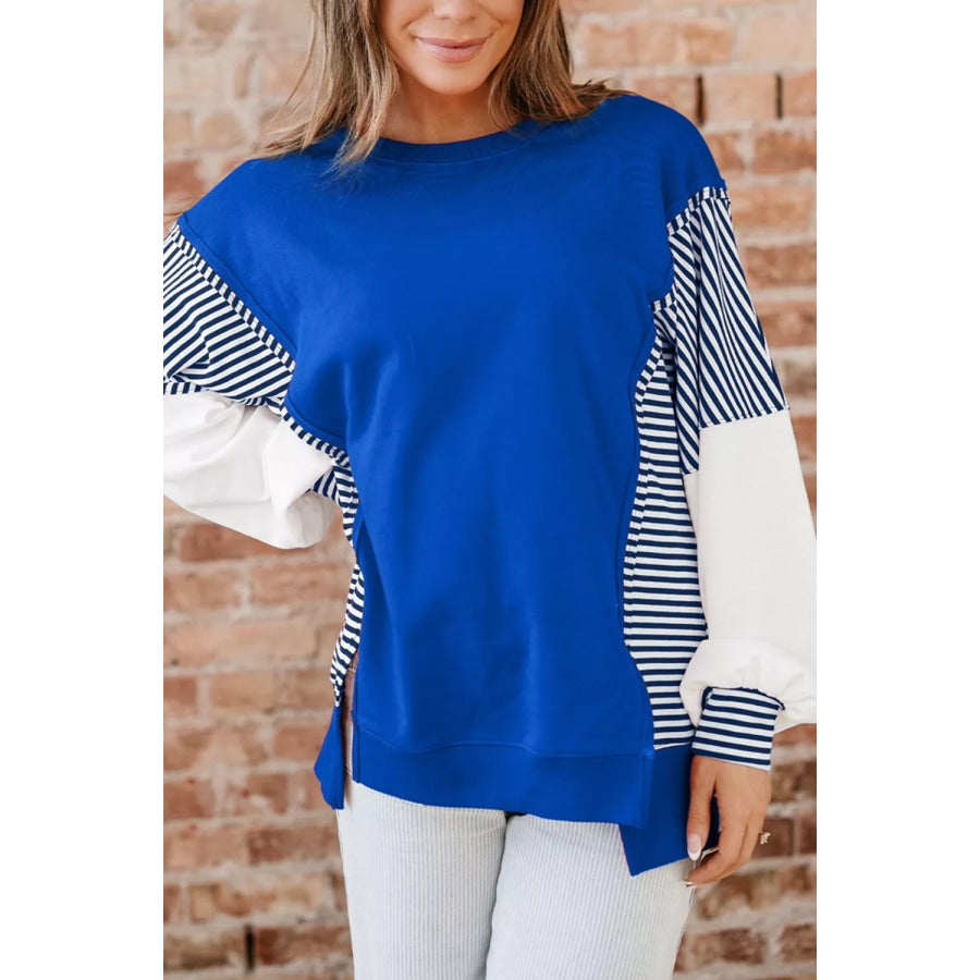 Leopard and Striped Patchwork Sleeves Sweatshirt Royal Blue / S Apparel and Accessories