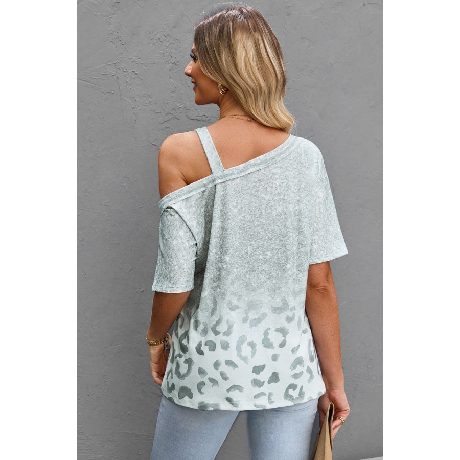 Leopard Asymmetrical Neck Cold-Shoulder Blouse