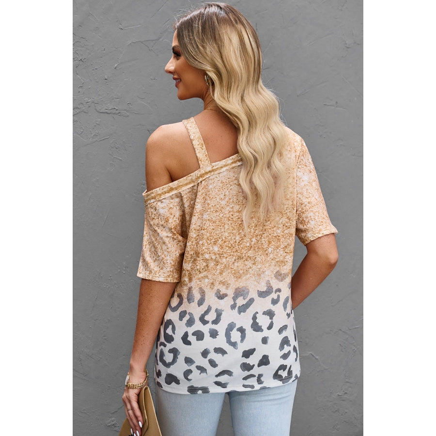 Leopard Asymmetrical Neck Cold-Shoulder Blouse