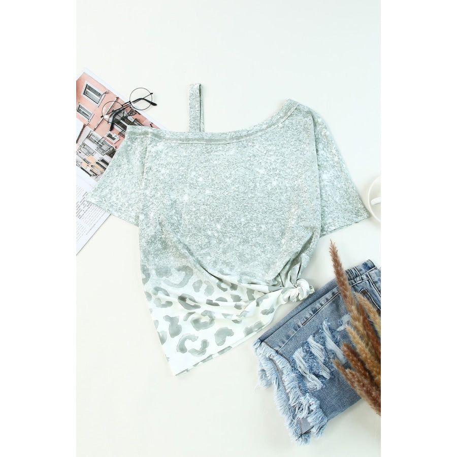 Leopard Asymmetrical Neck Cold-Shoulder Blouse