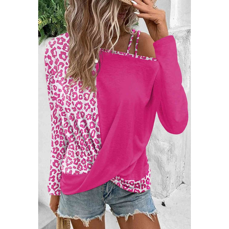 Leopard Asymmetrical Neck Long Sleeve Blouse Hot Pink / S