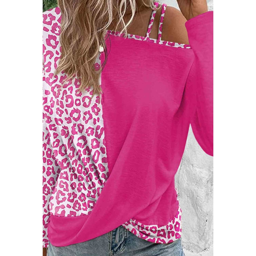 Leopard Asymmetrical Neck Long Sleeve Blouse