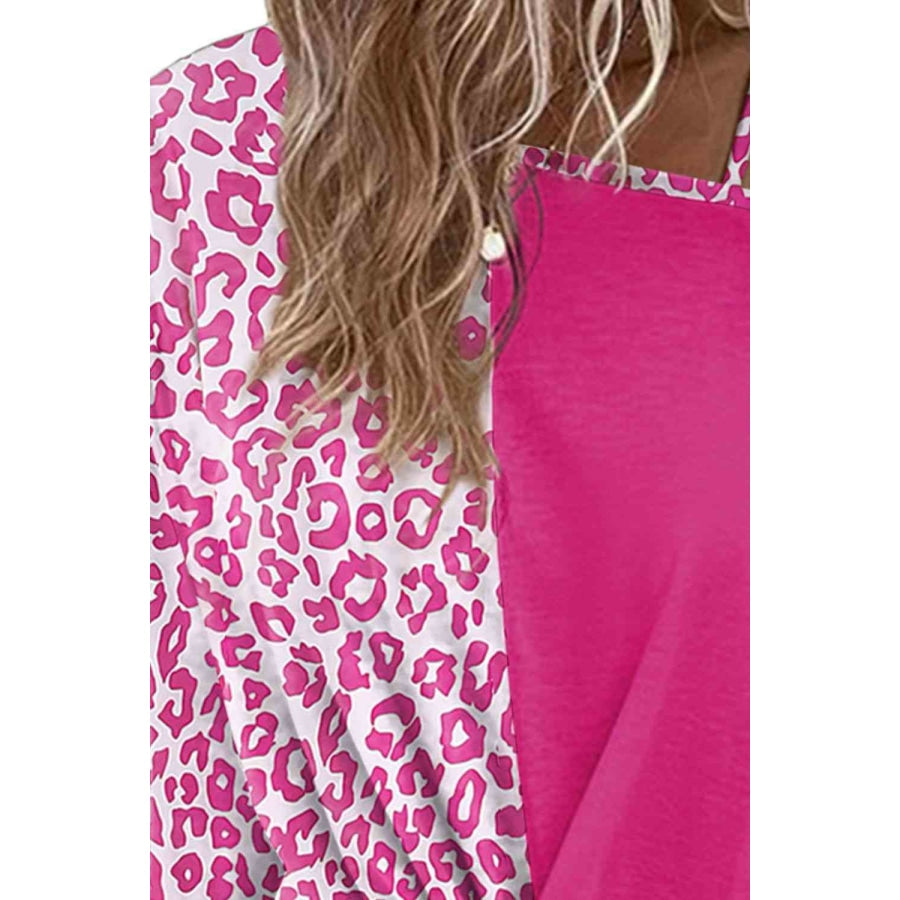 Leopard Asymmetrical Neck Long Sleeve Blouse