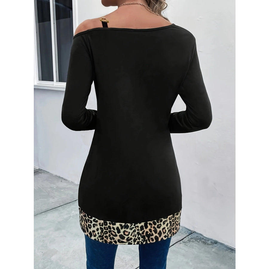 Leopard Asymmetrical Neck Long Sleeve T-Shirt Black / S Apparel and Accessories