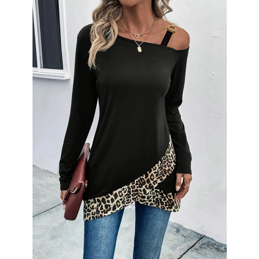 Leopard Asymmetrical Neck Long Sleeve T-Shirt Black / S Apparel and Accessories