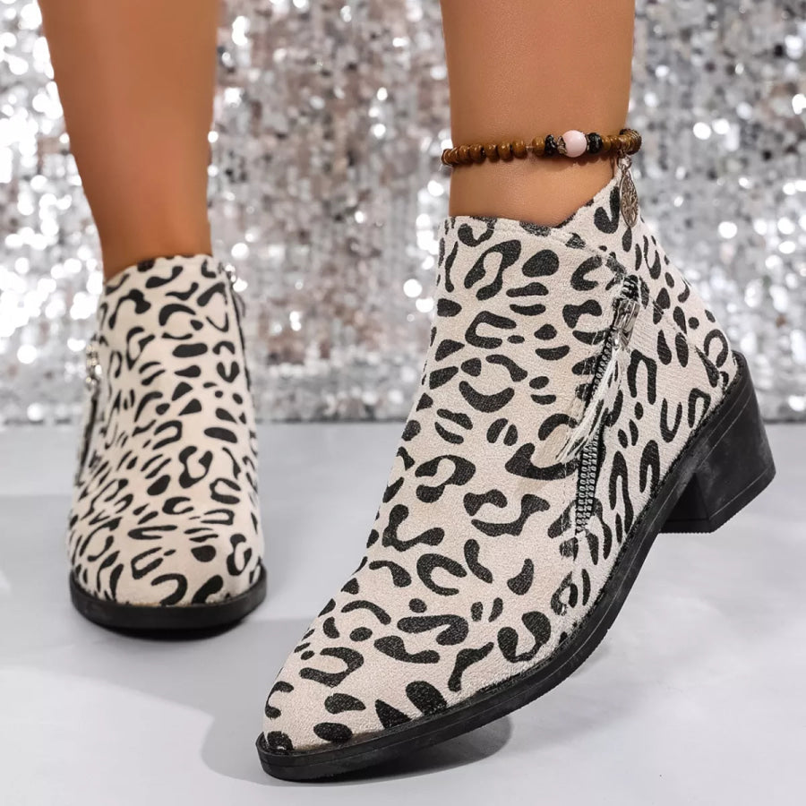 Leopard Block Heel Ankle Boots Apparel and Accessories