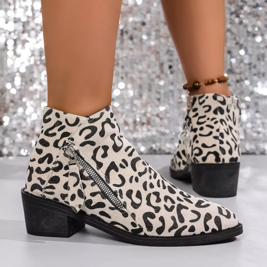 Leopard Block Heel Ankle Boots Apparel and Accessories
