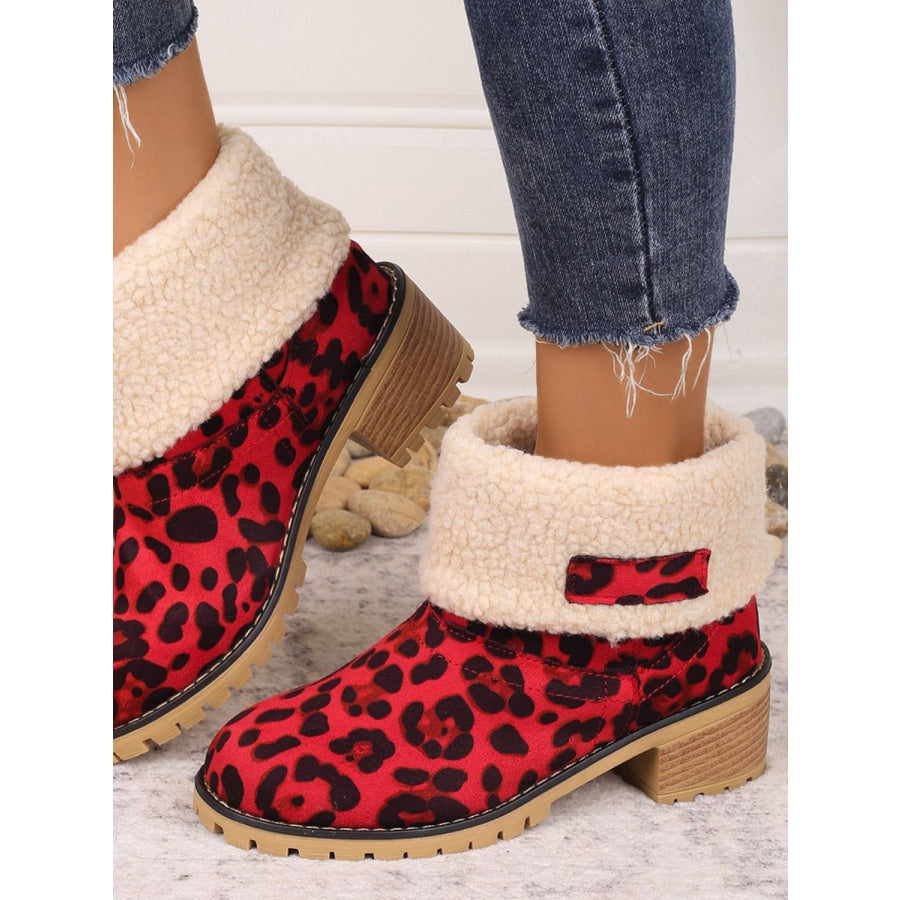 Leopard Block Heel Fuzzy Boots Apparel and Accessories