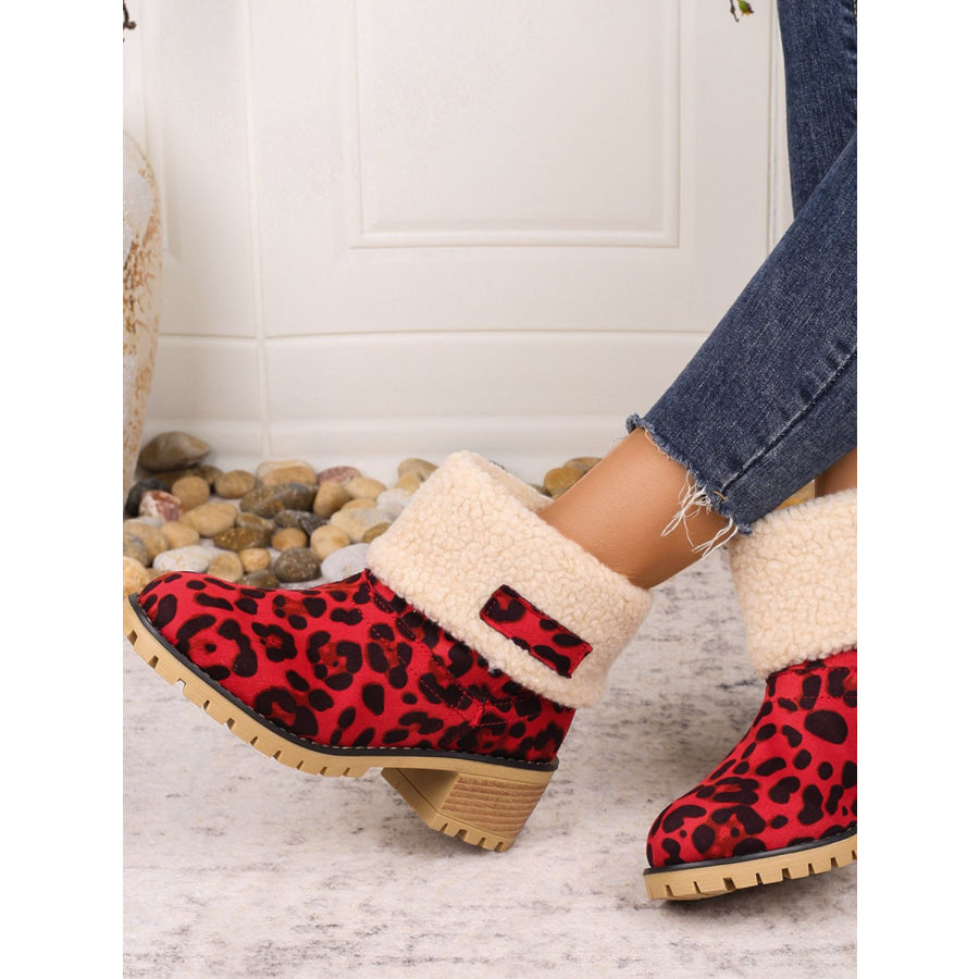 Leopard Block Heel Fuzzy Boots Scarlet / 36(US5) Apparel and Accessories