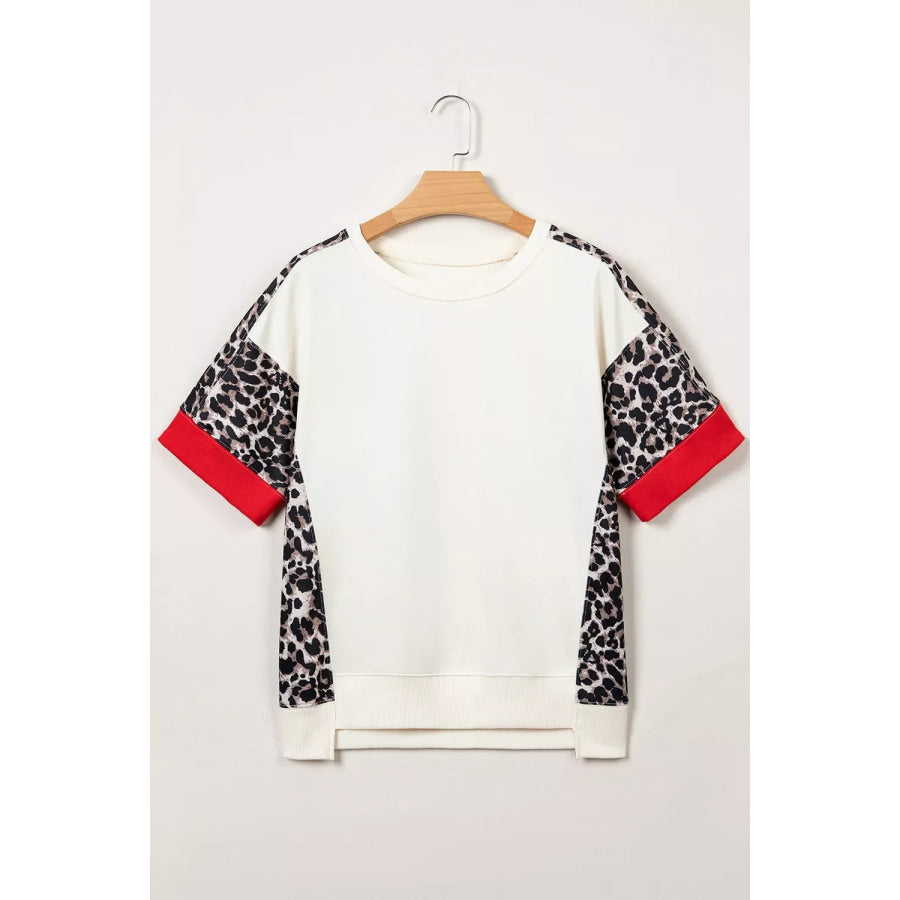 Leopard Block Patchwork Uneven Hem Short Sleeve Top Apparel and Accessories