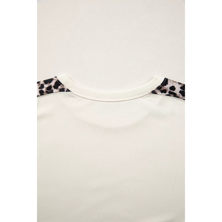 Leopard Block Patchwork Uneven Hem Short Sleeve Top Apparel and Accessories