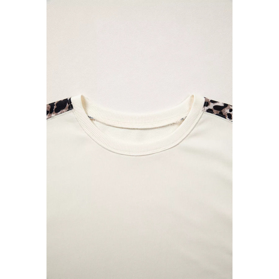 Leopard Block Patchwork Uneven Hem Short Sleeve Top Apparel and Accessories
