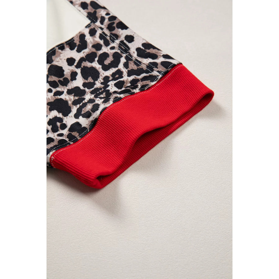 Leopard Block Patchwork Uneven Hem Short Sleeve Top Apparel and Accessories