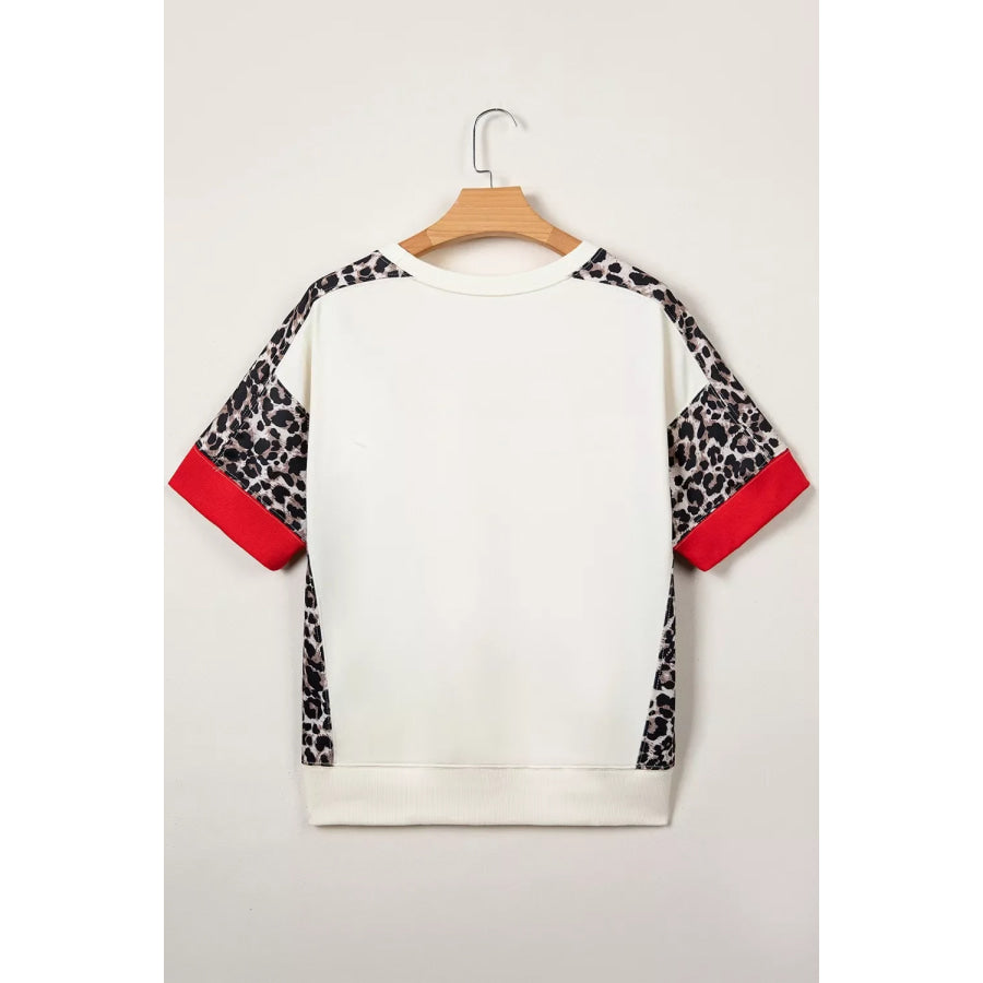 Leopard Block Patchwork Uneven Hem Short Sleeve Top Apparel and Accessories