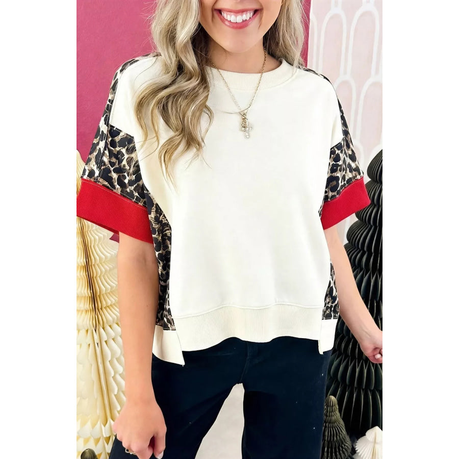 Leopard Block Patchwork Uneven Hem Short Sleeve Top Ivory / S Apparel and Accessories
