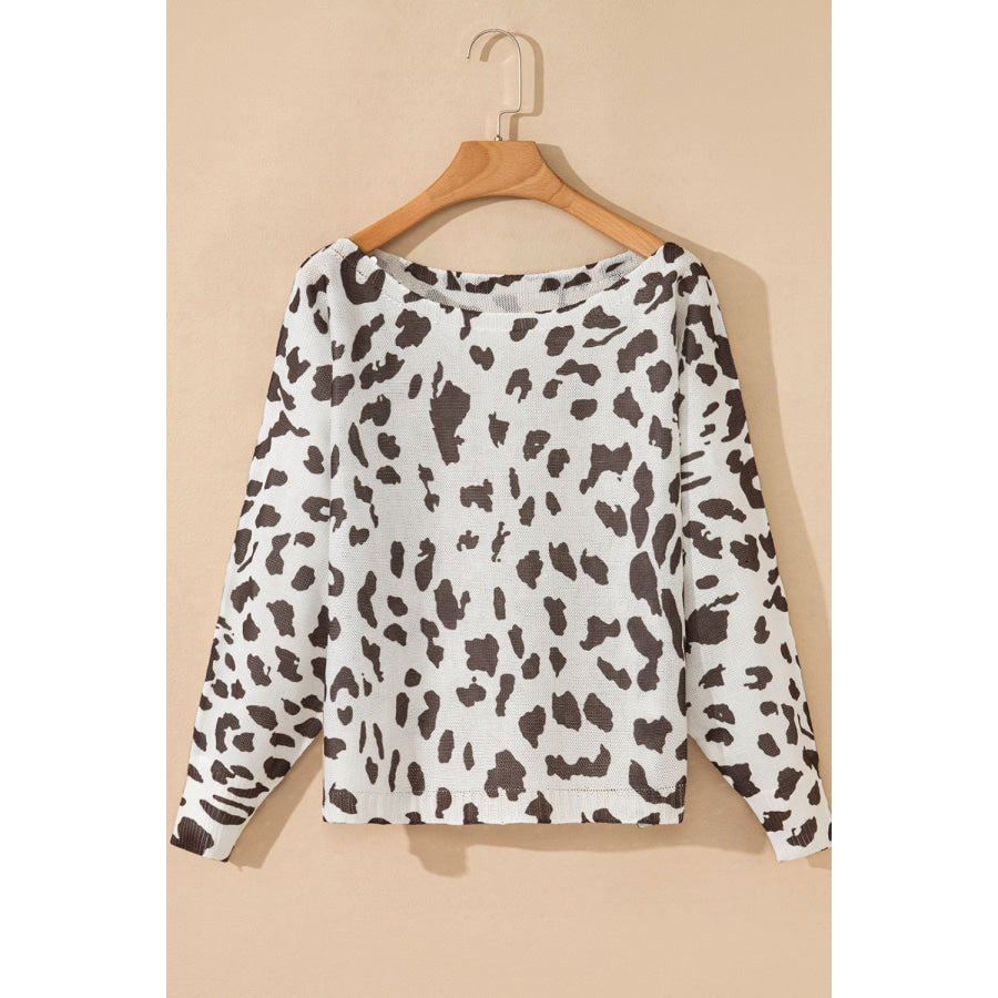 Leopard Boat Neck Long Sleeve Knit Top Apparel and Accessories