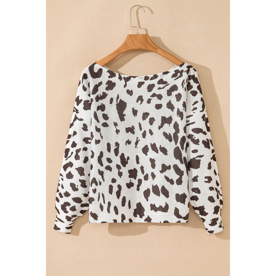 Leopard Boat Neck Long Sleeve Knit Top Apparel and Accessories