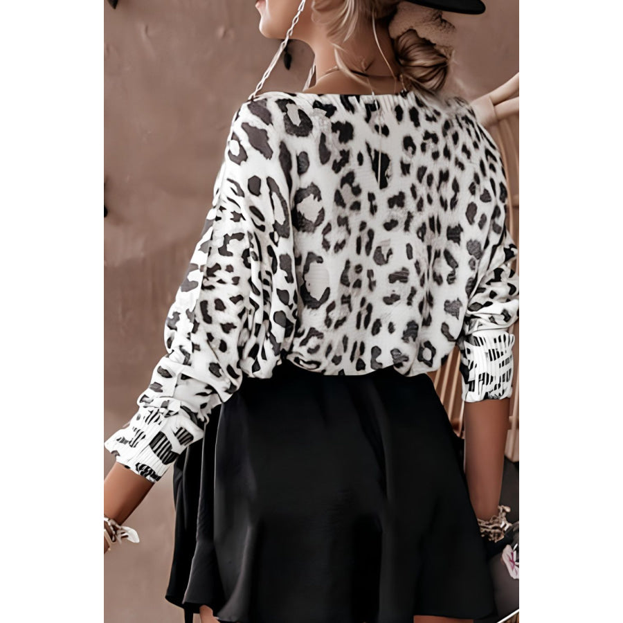 Leopard Boat Neck Long Sleeve Knit Top Apparel and Accessories