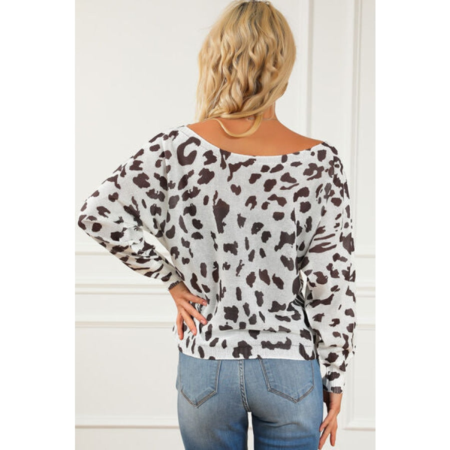 Leopard Boat Neck Long Sleeve Sweater Clothing