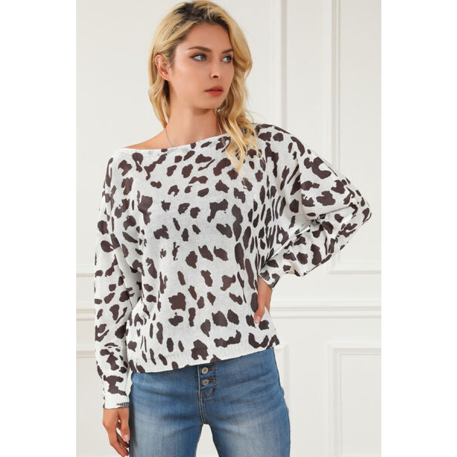 Leopard Boat Neck Long Sleeve Sweater Clothing