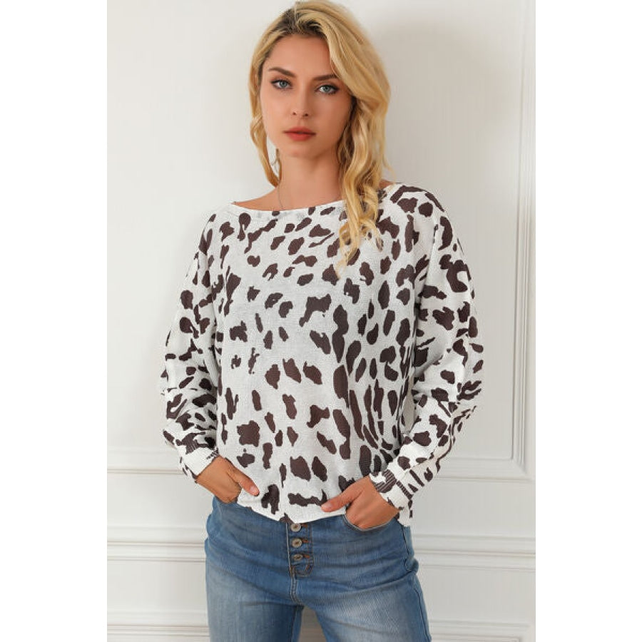 Leopard Boat Neck Long Sleeve Sweater White / S Clothing