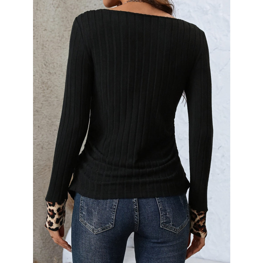 Leopard Boat Neck Long Sleeve T-Shirt Black / S Apparel and Accessories