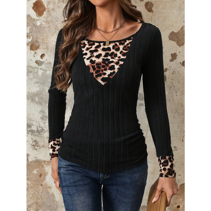 Leopard Boat Neck Long Sleeve T-Shirt Black / S Apparel and Accessories