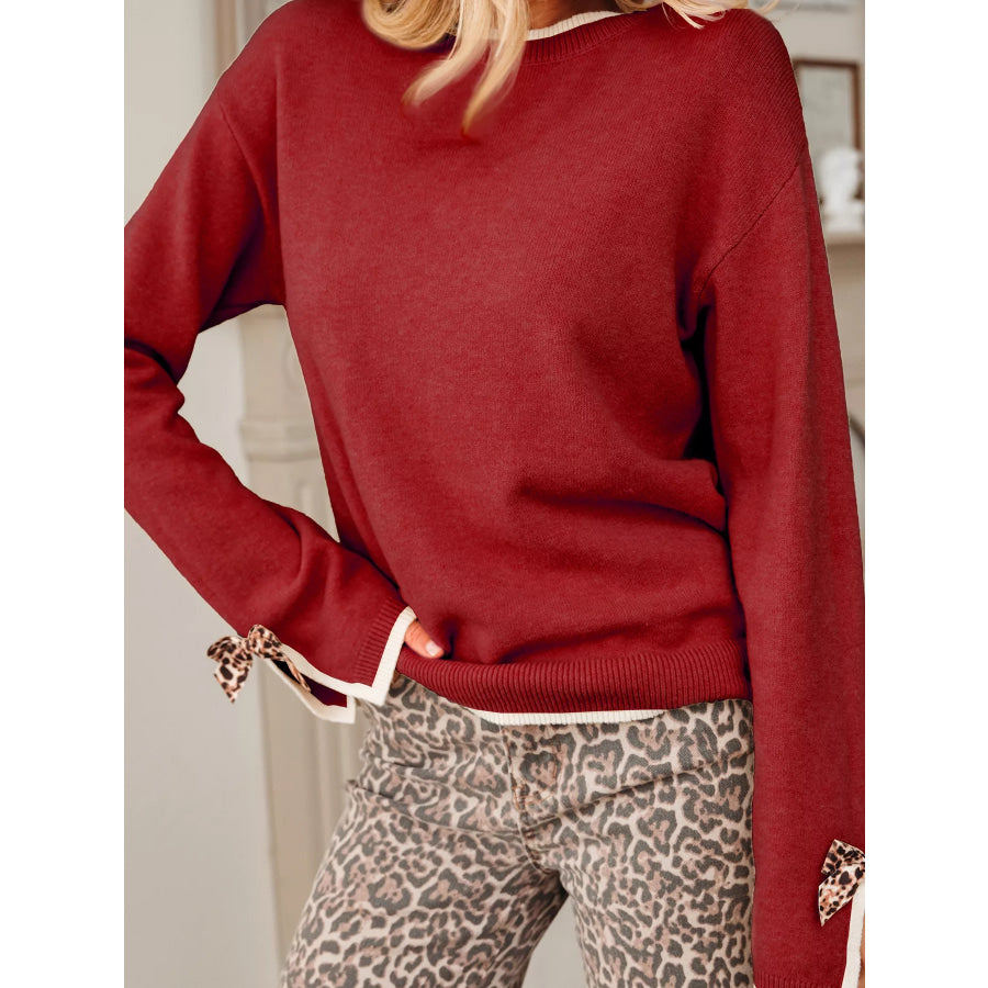 Leopard Bow Decor Split Cuff Contrast Trim Sweater Apparel and Accessories