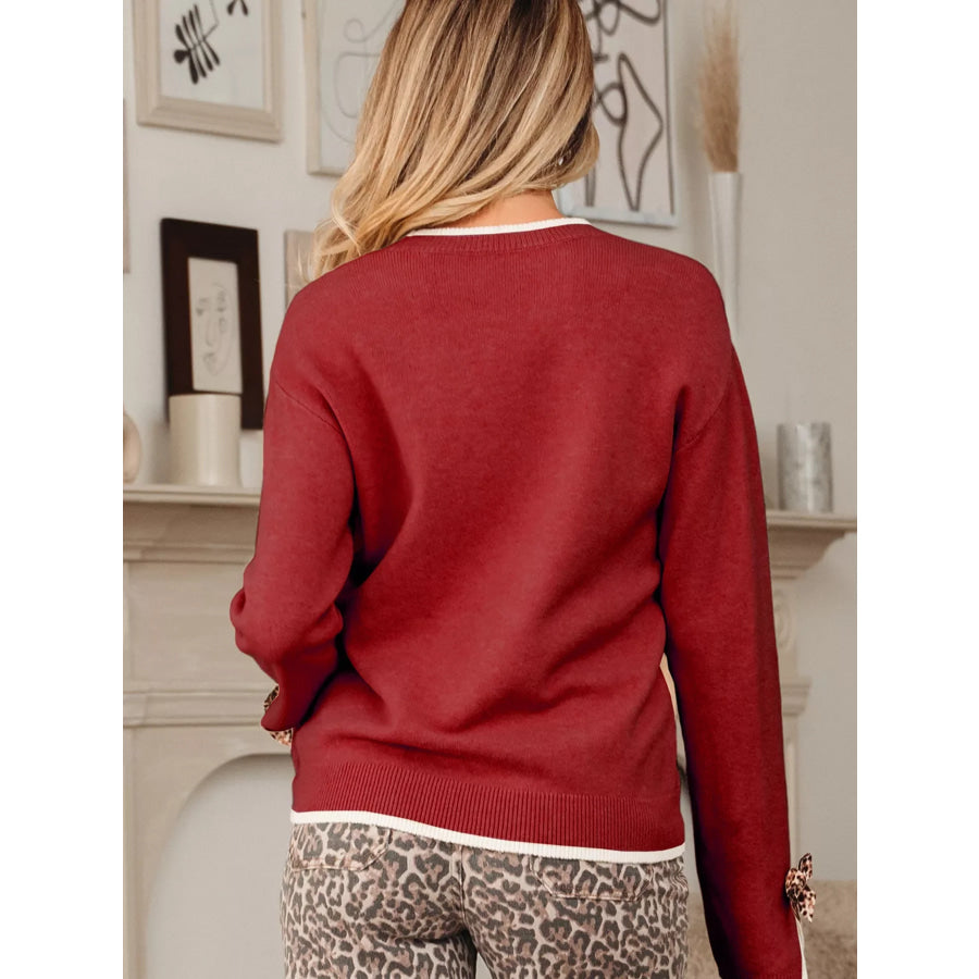 Leopard Bow Decor Split Cuff Contrast Trim Sweater Apparel and Accessories