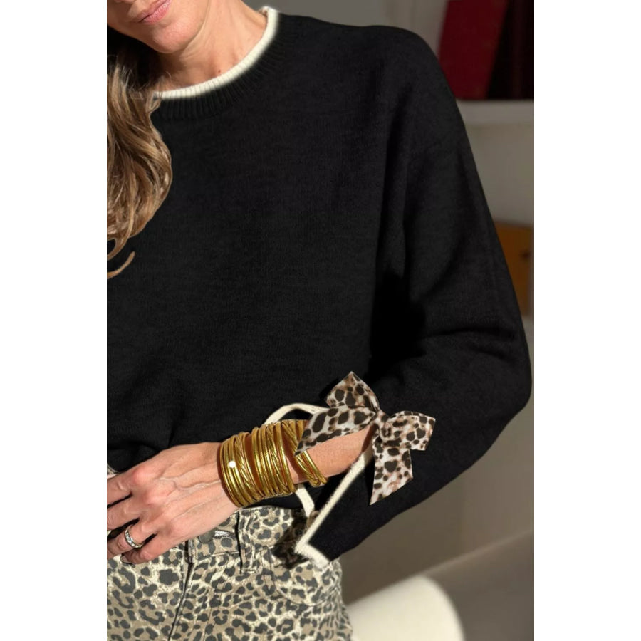 Leopard Bow Decor Split Cuff Contrast Trim Sweater Apparel and Accessories